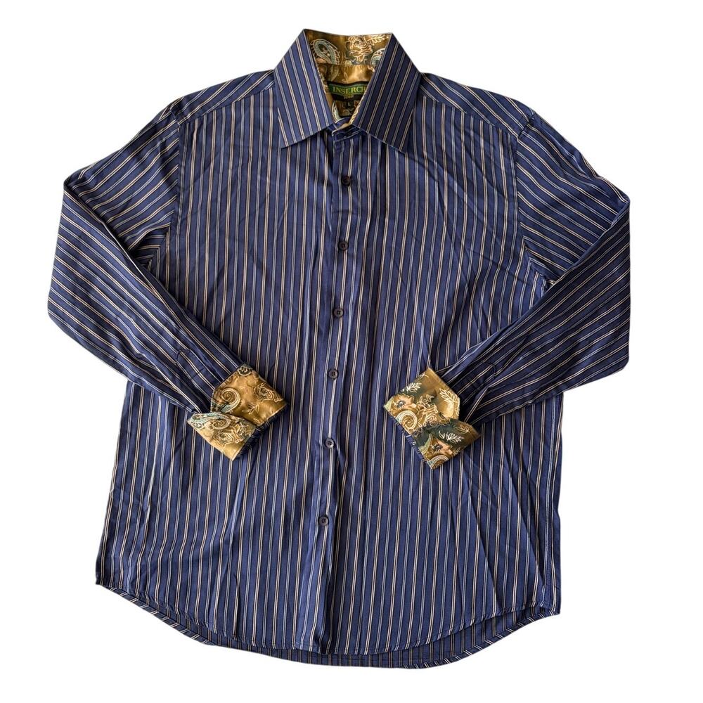Inserch Icon Shirt Mens Size L Blue Jacquard Woven Cotton Long Sleeve Flip Cuff